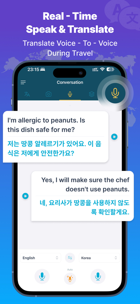 A mobile interface showing real-time voice translation between English and Korean for a conversation during travel