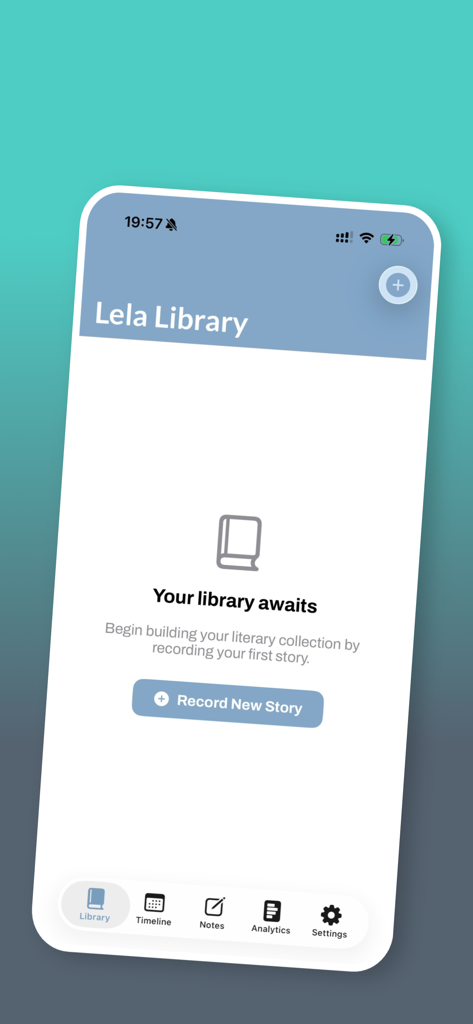 lela cultrual - La interfaz de la aplicación Lela Cultural que muestra una biblioteca de lectura vacía con un botón para Registrar Nueva Historia.