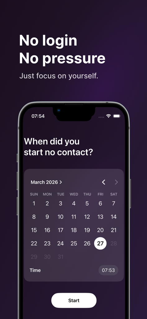 Setup screen for No Contact Days app featuring a minimalist calendar and time selector to begin tracking.