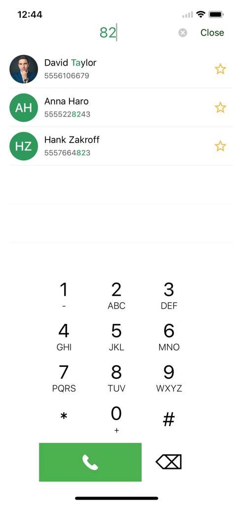 T9 Dialer PRO - T9 Dialer PRO interface showing predictive contact search results for name and number