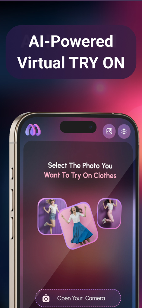 Try On AI - Try Clothes Via AI - Tela de smartphone mostrando a interface de experimentação virtual de roupas com tecnologia de IA