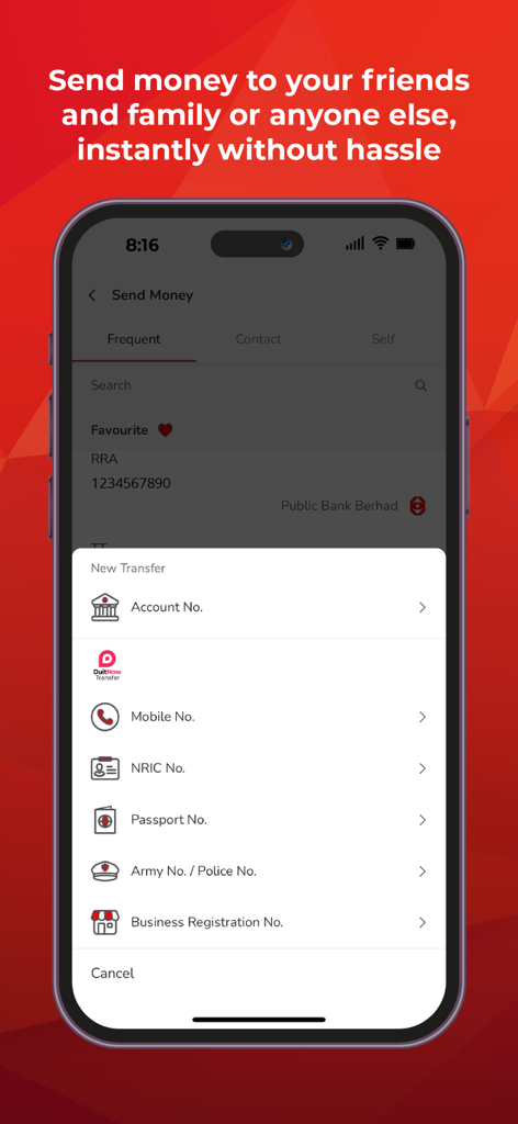 MyPB by Public Bank - Screenshot of the MyPB app interface showing various ways to send money including account number, mobile number, and NRIC.