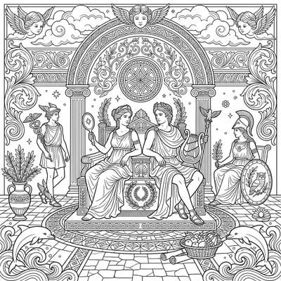 Unleash your creativity with this magnificent coloring page, bringing the splendor of classical mythology to life through intricate Renaissance-inspired art. Dive into a world of gods, goddesses, and ancient tales, perfect for an engaging and artistic escape.