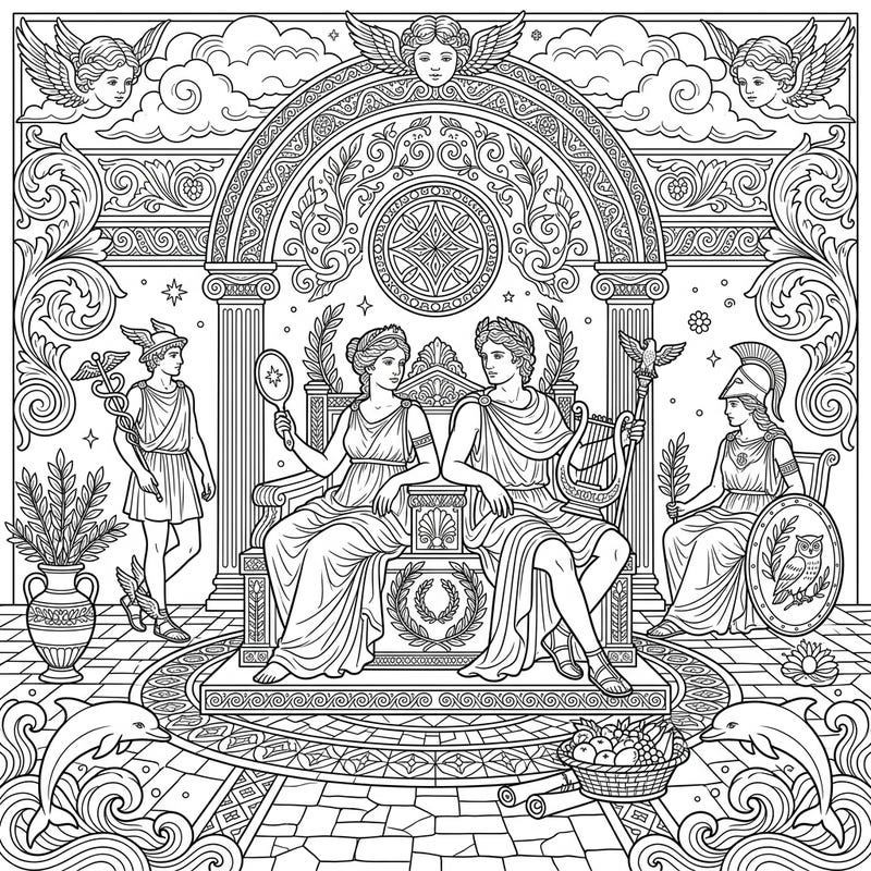 Unleash your creativity with this magnificent coloring page, bringing the splendor of classical mythology to life through intricate Renaissance-inspired art. Dive into a world of gods, goddesses, and ancient tales, perfect for an engaging and artistic escape.