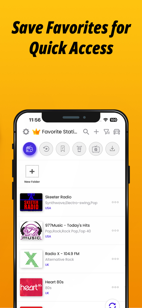 Radio FM: Music, News & Sports - A mobile screen showing the favorite radio stations list in the Radio FM app with quick access options.