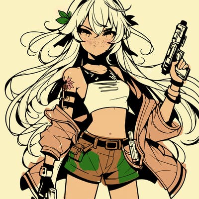 bad girl wearing crop top holding a gun long hair anime