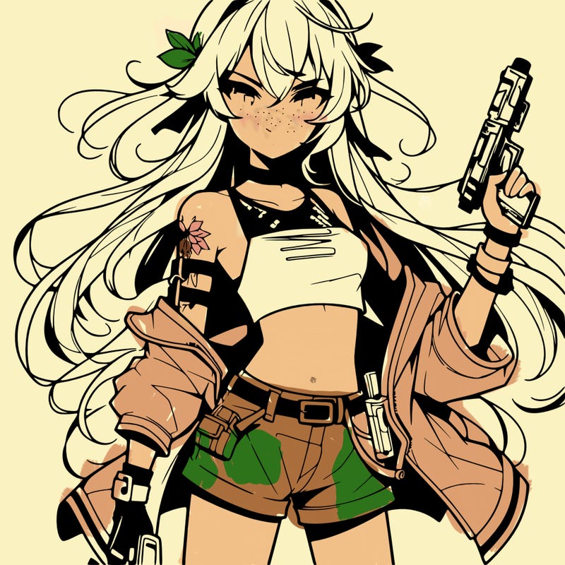 bad girl wearing crop top holding a gun long hair anime