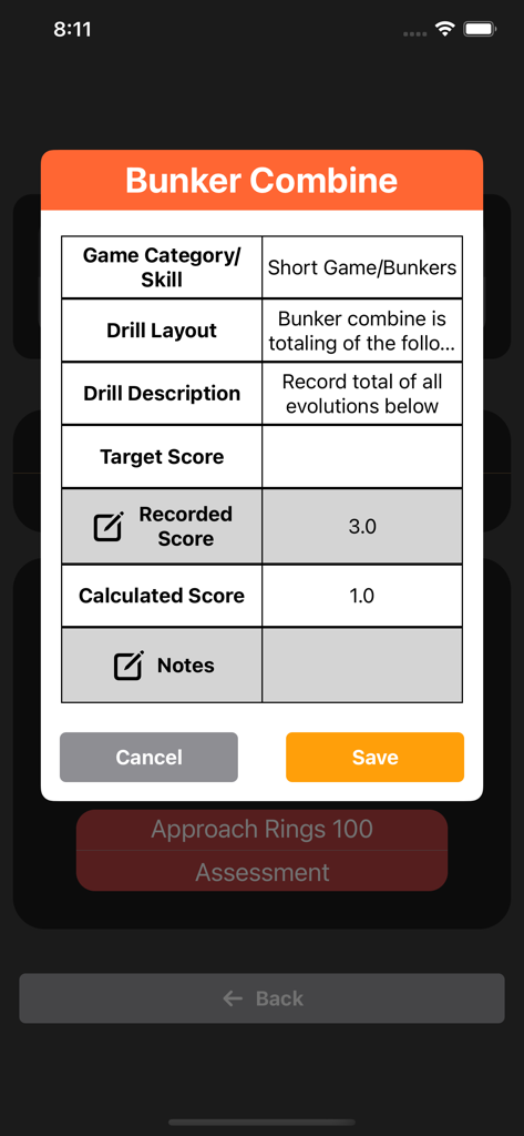 GameForge - GameForge app screen displaying a Bunker Combine drill score entry form for short game practice.