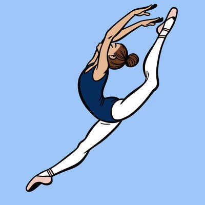 gymnast doing a leap in a leotard with a bent back leg