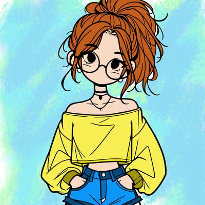 girl with a messy ponytail glasses a baggy crop top and jean shorts