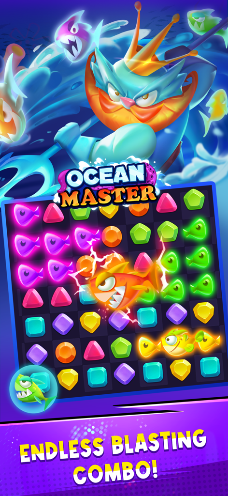 Super Match - PvP Match 3 - Personagem Ocean Master e tabuleiro de quebra-cabeça match 3 com combos explosivos no Super Match