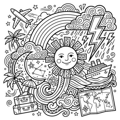 Embark on a creative journey with this captivating coloring page designed especially for teens! It masterfully blends exciting weather elements with the thrill of vacation travel, offering a complex and engaging design to bring to life.