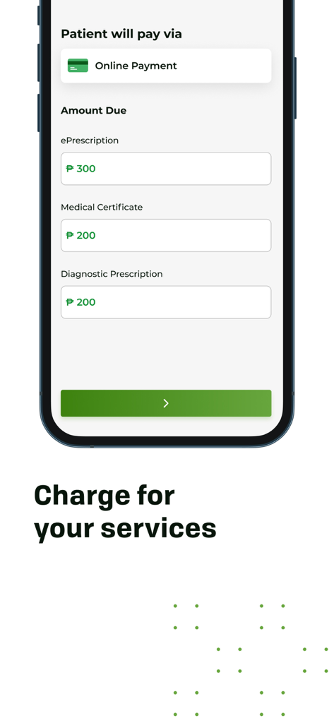 Interfaccia dell'app PPD Clinic che mostra le opzioni di fatturazione per i medici per addebitare servizi come prescrizioni elettroniche e certificati medici