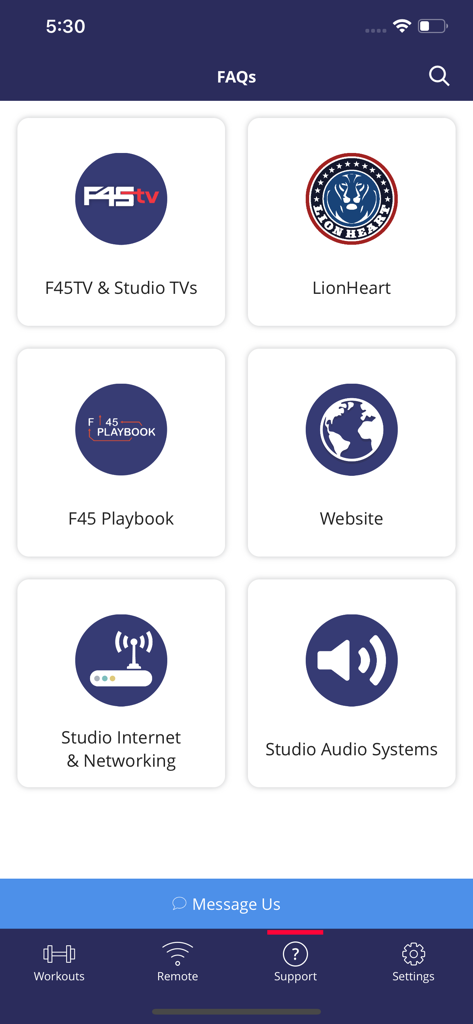 F45 TV - FAQ-Bildschirm der F45 TV App mit Support-Kategorien für das Studio-Management.