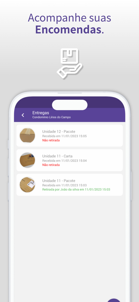 Une capture d'écran de l'interface de l'application Condfy montrant une liste de colis et de courrier suivis pour les résidents d'appartements.
