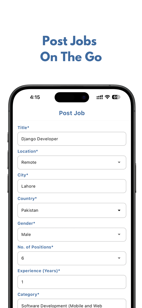 Search O Pal - A mobile interface from Search O Pal app showing a form for employers to post a job vacancy for a Django developer in Pakistan.