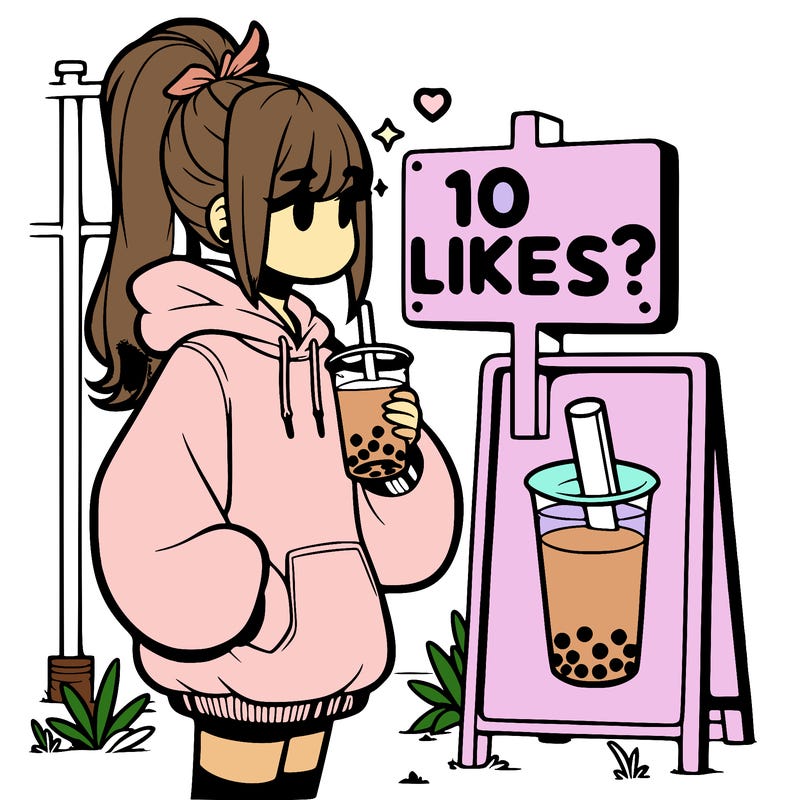 girl with oversized hoodie drinking boba and she has a high ponytail with a sign that says 10likes?