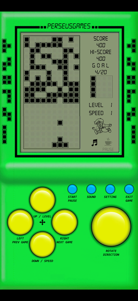 Brick Game - Retro Games - Une interface de console de poche rétro verte montrant un jeu de puzzle de briques classique