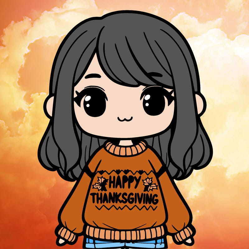 a girl that has a sweater that says happy thanksgiving