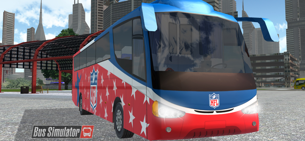 BUSTOP Bus Simulator 2026 - A red white and blue sports-themed travel bus with star patterns parked in a city simulation environment with skyscrapers
