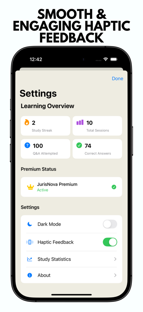JurisNova: Legal Dictionary - Settings screen of the JurisNova legal dictionary app showing learning statistics and haptic feedback options