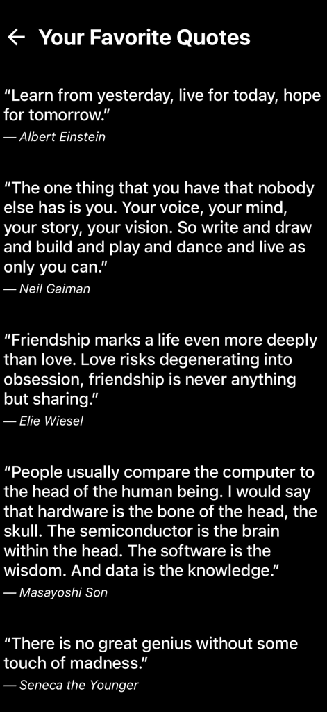 Upword (c852e1) - Favorite quotes list in Upword app dark mode