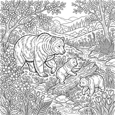 Immerse yourself in a heartwarming spring scene featuring a majestic brown bear mother and her two playful cubs. This delightful coloring page captures the essence of renewal, perfect for celebrating the season.