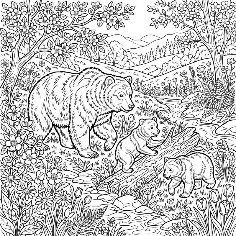 Immerse yourself in a heartwarming spring scene featuring a majestic brown bear mother and her two playful cubs. This delightful coloring page captures the essence of renewal, perfect for celebrating the season.