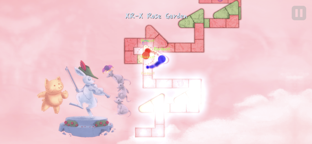 Captura de pantalla de jugabilidad de A Dance of Fire and Ice mostrando planetas en órbita en un camino de baldosas en un nivel rosa