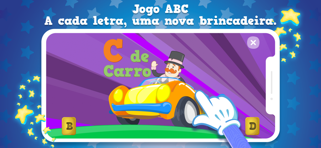 Educational ABC game screen from Mundo Bita Play showing Bita in a car for the letter C in Portuguese