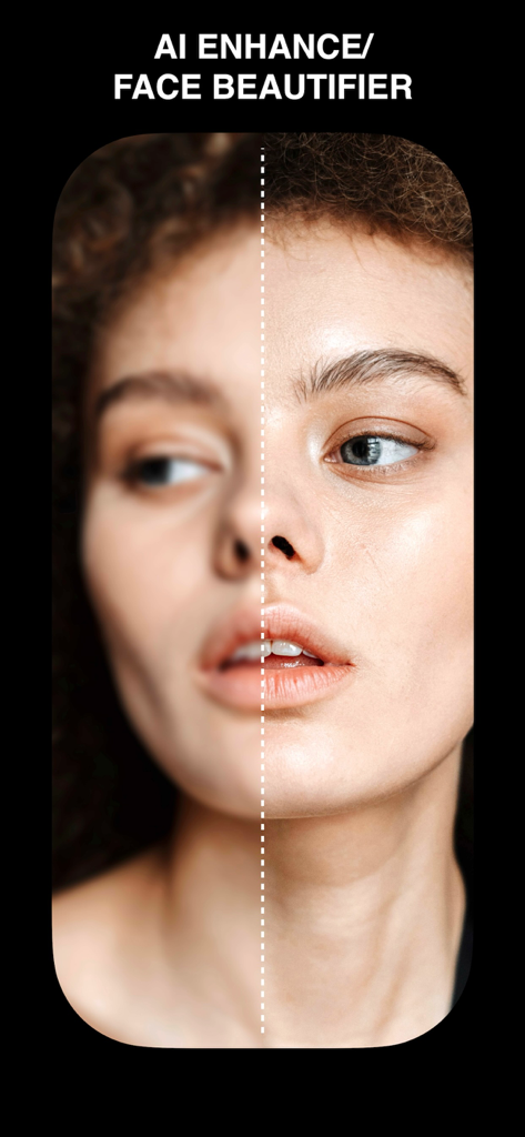 Perfect Pic—Face & Body Editor - Comparación de antes y después del rostro de una mujer utilizando la herramienta de mejora con IA y embellecedor facial, mostrando mayor claridad y piel más suave.