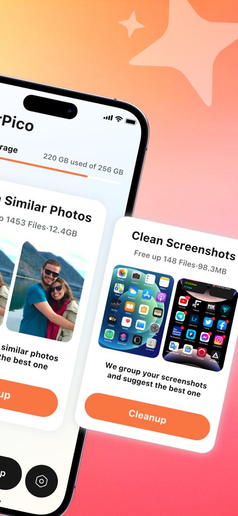 ClearPico:Clean Up Storage - ClearPico app interface for cleaning similar photos and screenshots on an iPhone