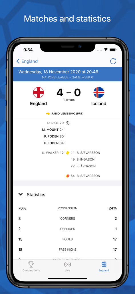 Screenshot of WC 2026 app showing England versus Iceland match results and detailed game statistics