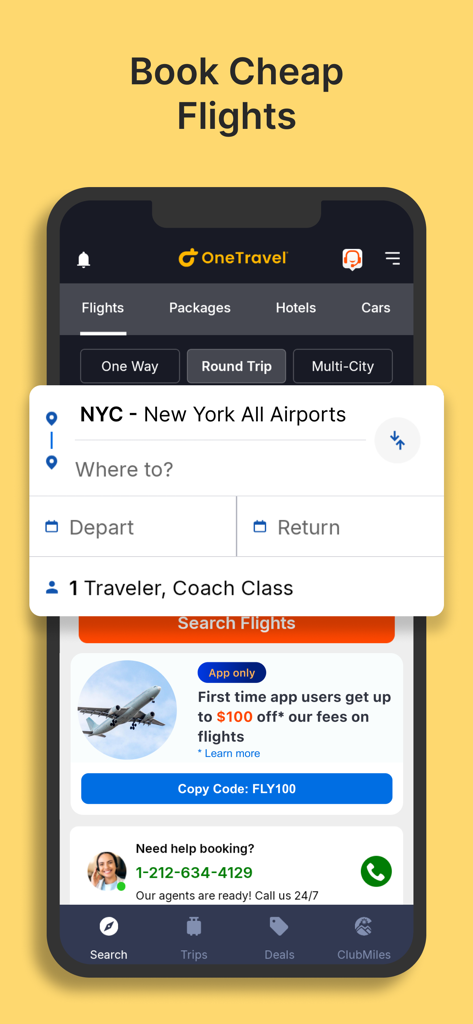 OneTravel Flight & Hotel Deals - Pantalla de búsqueda de vuelos de la aplicación móvil OneTravel que muestra campos de reserva y una oferta de descuento promocional