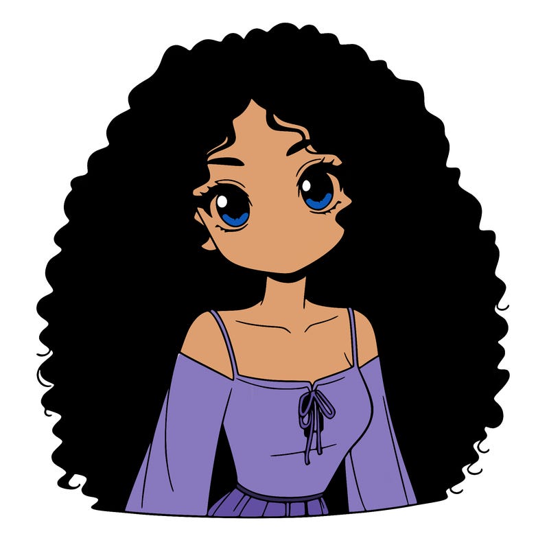a black anime girl with long afro hair