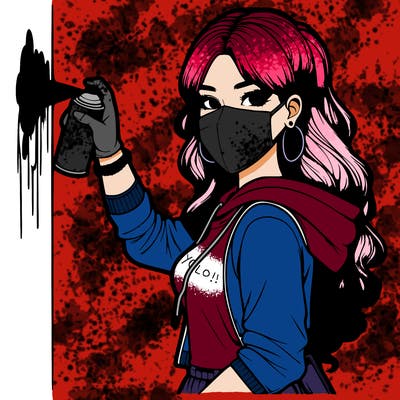 realistic girl with mask spray painting a wall