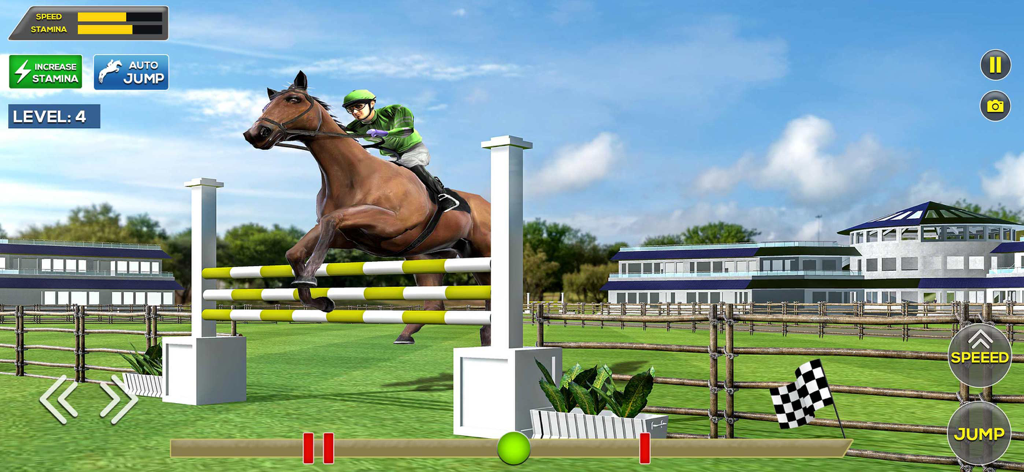 Jinete sobre un caballo marrón saltando una valla en un simulador realista de carreras de caballos