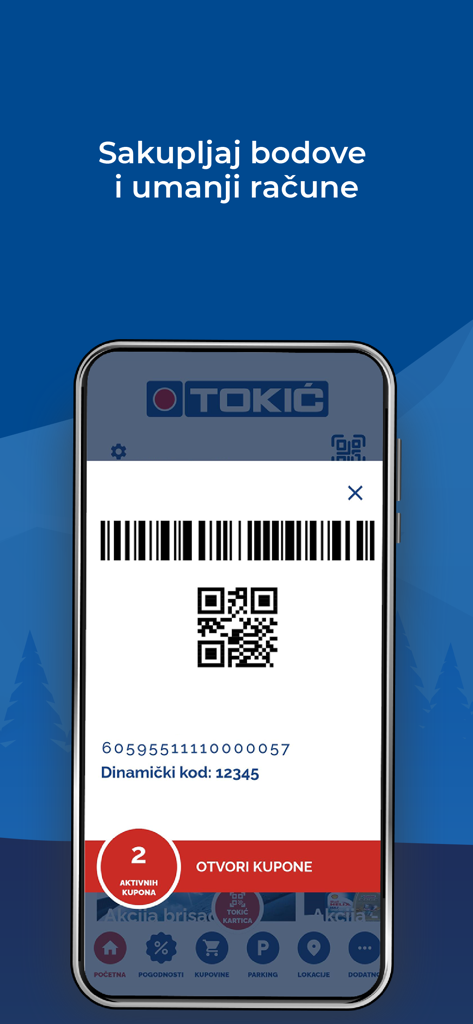 Tokić - Digital loyalty card screen in the Tokic app showing a barcode and QR code for scanning