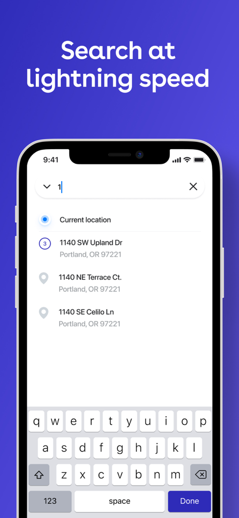 Straightaway Powered by Mapbox - Straightaway app interface showing fast address search with location suggestions in Portland