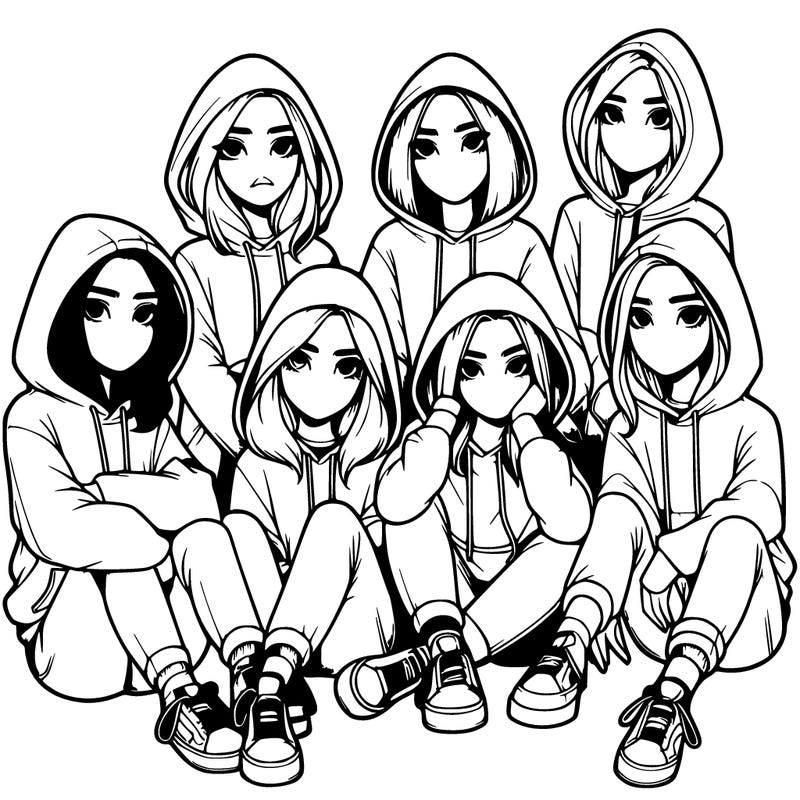 group of realistic girls with big hoodies