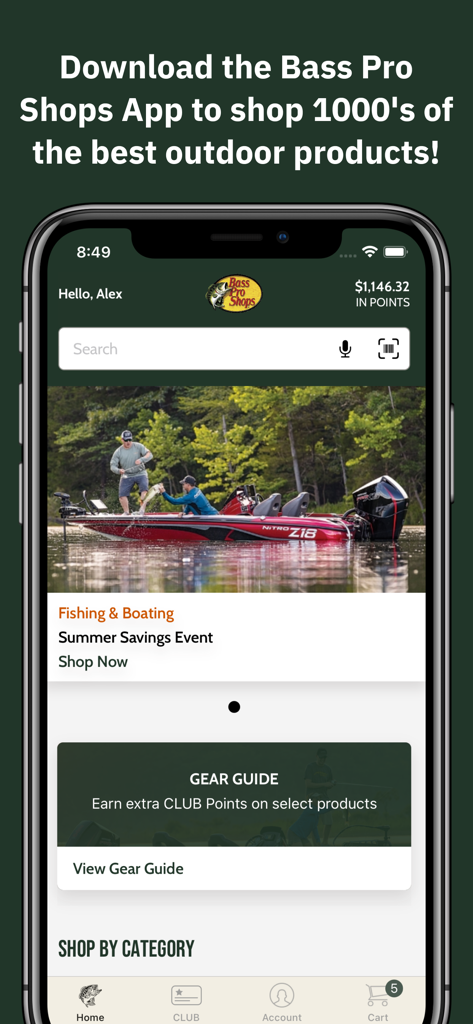 Bass Pro Shops - Bass Pro Shops mobile app interface showing fishing gear rewards points and outdoor shopping categories