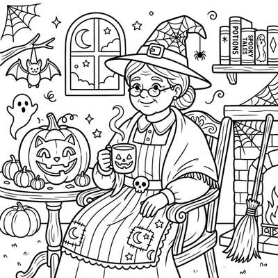 Discover a delightful twist on Halloween with this unique coloring page featuring Mrs. Claus in her witchy finest. She's ready for some spooky fun, surrounded by charming jack-o'-lanterns, friendly ghosts, and classic Halloween decor.