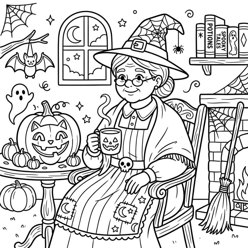 Discover a delightful twist on Halloween with this unique coloring page featuring Mrs. Claus in her witchy finest. She's ready for some spooky fun, surrounded by charming jack-o'-lanterns, friendly ghosts, and classic Halloween decor.