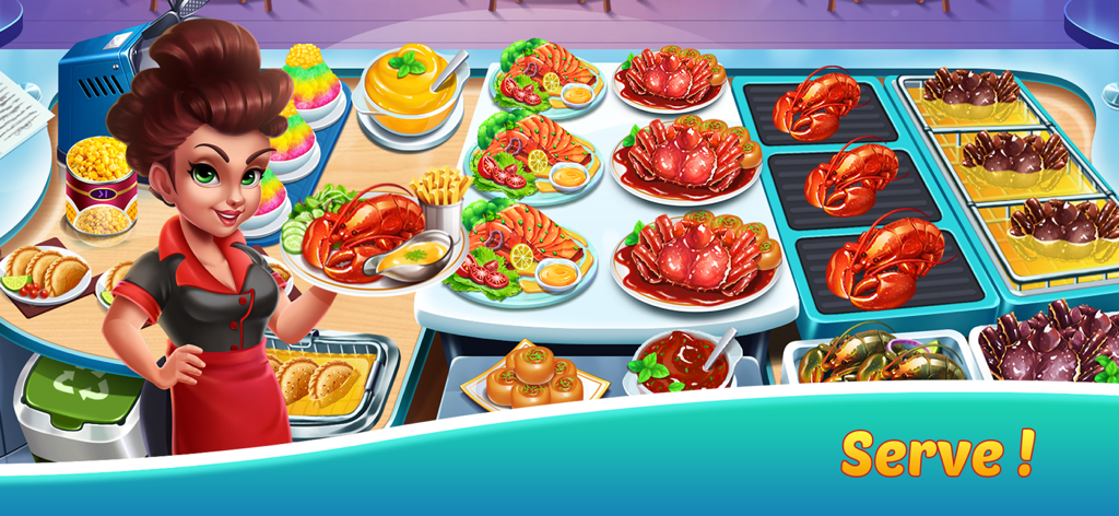 Cooking Seaside: Beach food - A female chef holding a lobster plate in a busy seaside restaurant kitchen