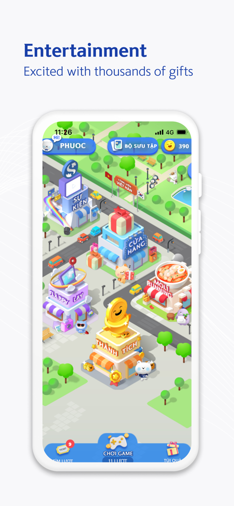 Shinhan SOL Vietnam - Gamified entertainment screen in the Shinhan SOL Vietnam app featuring a cartoon city for rewards and gifts.