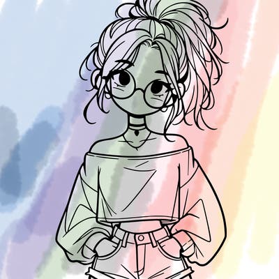 girl with a messy ponytail glasses a baggy crop top and jean shorts