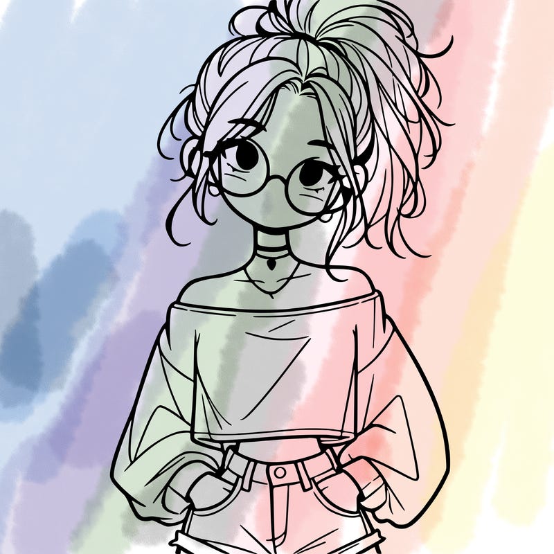 girl with a messy ponytail glasses a baggy crop top and jean shorts