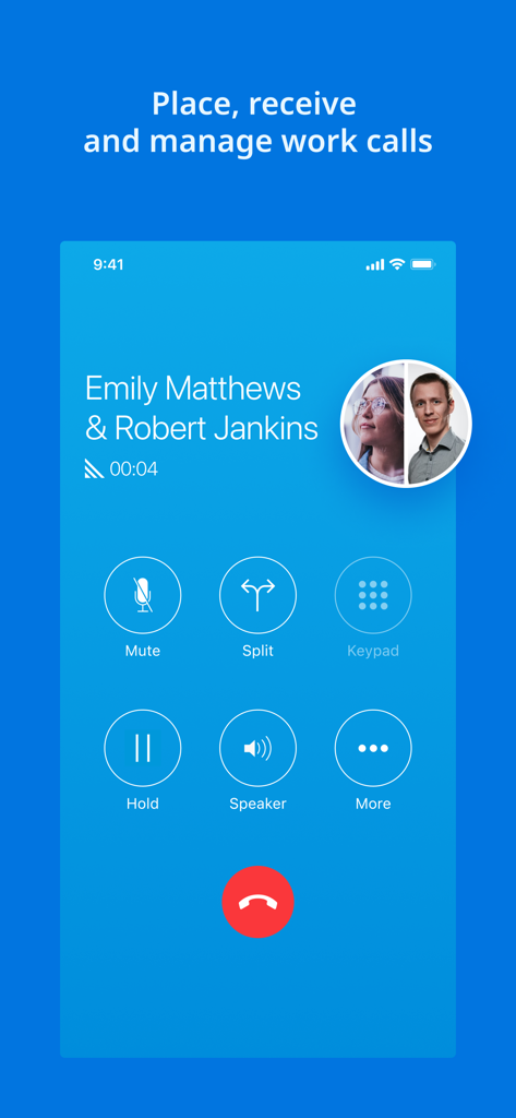 Intermedia Unite - Interface mobile pour gérer les appels professionnels dans l'application Intermedia Unite, avec des contrôles d'appel actifs