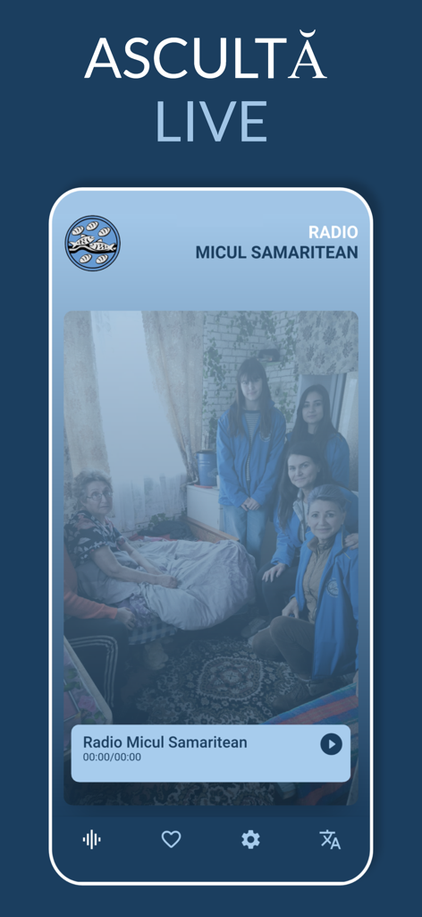 Radio Micul Samaritean - Interface of the Radio Micul Samaritean mobile app showing the live player and a missionary group photo