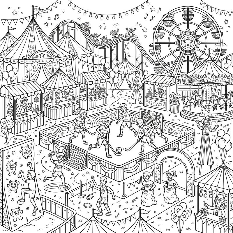 Get ready for a double dose of fun with this dynamic coloring page featuring youth sports at a bustling carnival! From thrilling games to exciting rides, this scene captures the joy and energy of a festive fairground.